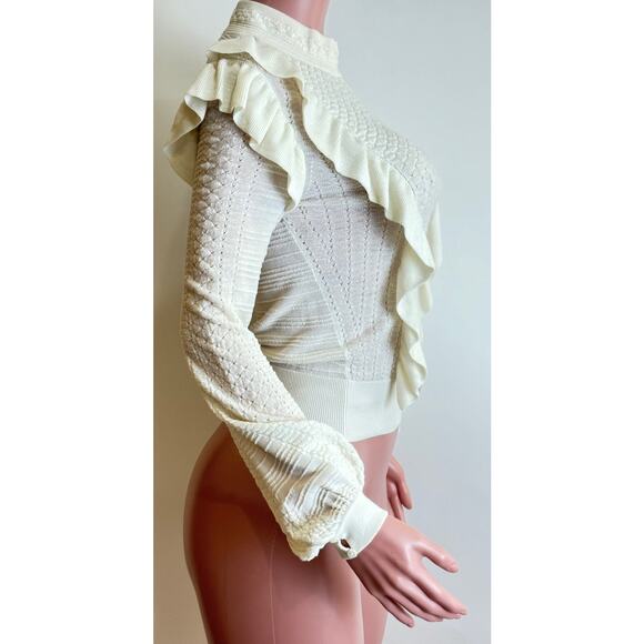Chloe Knit Sweater Size S Vanilla Ice Ruffle Puff Sleeve MOP Buttons Mock Neck - Picture 3 of 16